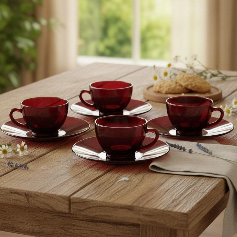 Anchor Hocking Royal Ruby Red Teacups & Saucers, Set of 4, Vintage Glassware